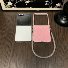 Ins Fashion Pink Bamboo Basket Woven Texture Phone Case With Rhinestone Chain Crossbody Strap Compatible With Samsung Galaxy ZFlip7 Z Flip6 ZFlip 5 Zflip6 Zflip5 Shockproof Back Cover - Pink - View 8