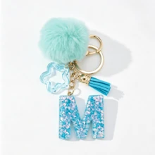 Llavero de letra A-Z con pompones rosa pastel, colgante de bolso y anillo de llaves elegante, accesorio festivo para bolso, regalo imprescindible para el Día de San Valentín/Cumpleaños/Año Nuevo - Turquesa - Ver 30