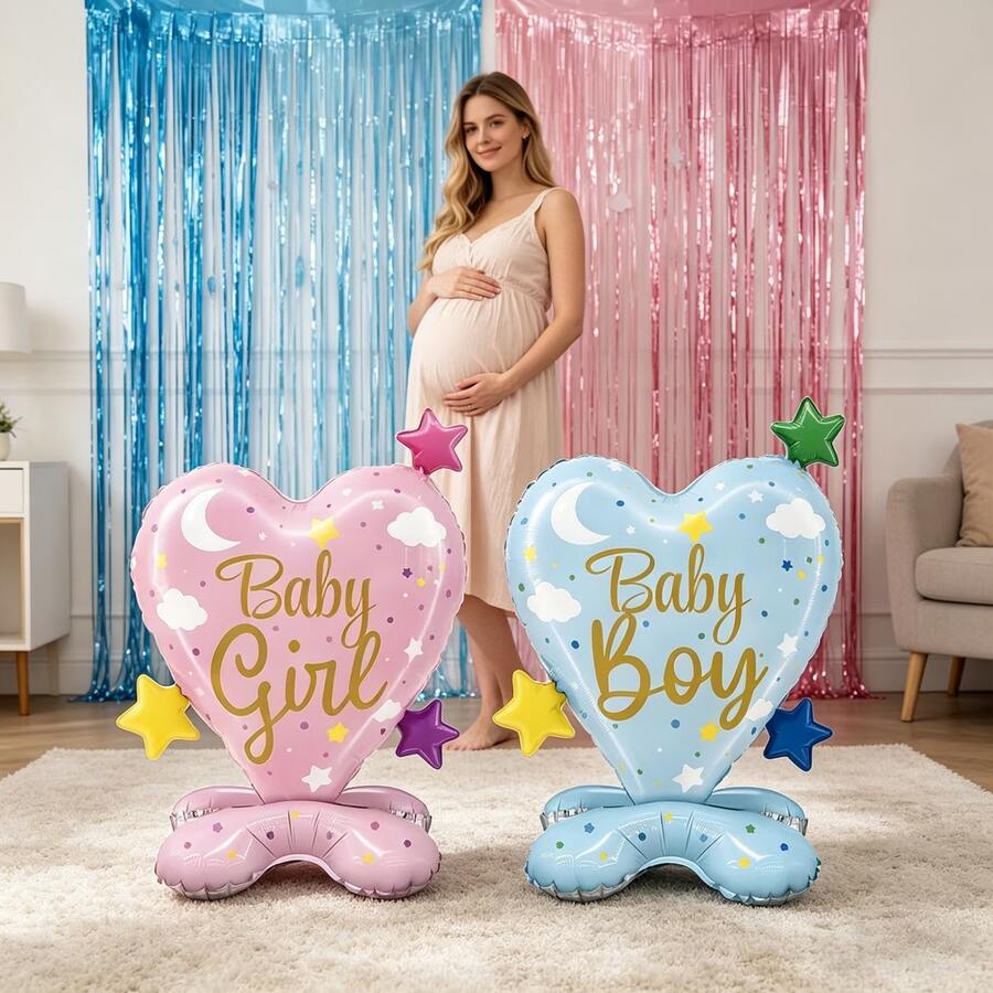 2pcs Pink And Blue Base Heart Balloons, Gender Reveal Balloons, Suitable For Birthday Party Decoration - Multicolor - View 1