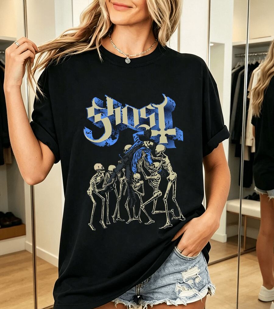 Camiseta Ghost 100% Algodón Estilo Esqueleto Metálico - Negro - Ver 1