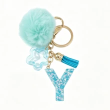 Llavero de letra A-Z con pompones rosa pastel, colgante de bolso y anillo de llaves elegante, accesorio festivo para bolso, regalo imprescindible para el Día de San Valentín/Cumpleaños/Año Nuevo - Turquesa - Ver 27