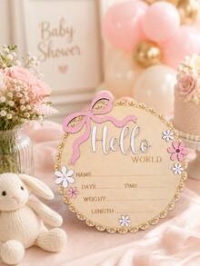 1pc "Hello World" Wooden Baby Birth Announcement Plaque, Pink Floral Newborn Name Date Time Weight Length Board, Baby Girl Nursery Decor Photo Prop, Welcoming Party Decoration & Keepsake - Pink - View 7