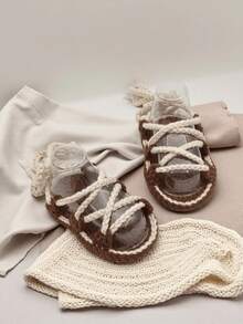 Handmade Infant Sandals, Natural Beige, Lace-Up Style - Coffee Brown - View 4