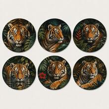 1組6入野生動物圓形木製杯墊 10cm 逼真插畫印花（獅子/豹/虎/雪豹）耐熱隔熱墊 家用桌面裝飾 適用於廚房咖啡杯茶杯 叢林自然風 派對禮品布置 - 彩色 - 查看 11