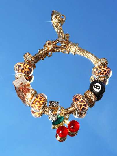 1pc Leopard Print Cherry #8 Billiard Ball Charm Bracelet, 1pc Leopard Print Heart Bracelet, 1pc Leopard Print Leopard Bracelet, 1pc Leopard Print Star DIY Bracelet, Retro Music Festival Fashion Bracelet