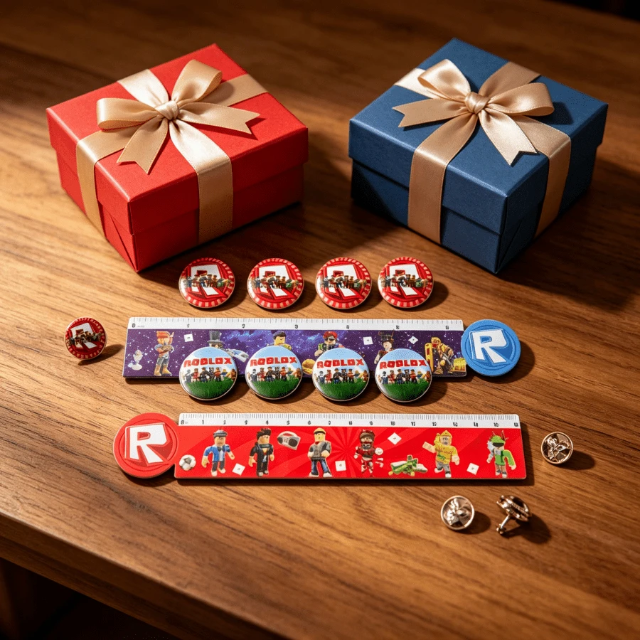 Roblox 4個+1個 4.5cm+20cm 禮品鐵製+塑膠胸針&尺子套組,卡通遊戲彩色圓形+直線可愛DIY別針&測量工具,適用於生日、萬聖節、畢業典禮、嘉年華、學校獎品 - Roblo 胸針2 尺子 - 查看 1