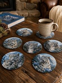 1組6入野生動物圓形木製杯墊 10cm 逼真插畫印花（獅子/豹/虎/雪豹）耐熱隔熱墊 家用桌面裝飾 適用於廚房咖啡杯茶杯 叢林自然風 派對禮品布置 - 彩色 - 查看 3