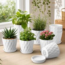 5er Set 15 cm Weiße Kunststoff Blumentöpfe mit Untersetzern und Abflusslöchern, 3D Wellenstruktur Übertöpfe für Sukkulenten, Kräuter, Efeutute, Fensterbank, Balkon, Büro und klare Home Garden Deko - 5 Stück, 10 cm Durchmesser - Übersicht 1