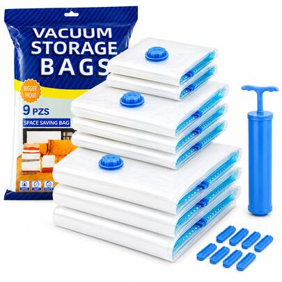 KIROTLA 9 piezas bolsas de almacenamiento al vacío + bomba manual gratuita. Reutilizables y de gran capacidad, reducen espacio eficazmente. Ideales para guardar edredones, ropa, almohadas, cubiertos y pijamas. Bolsas de compresión de calidad premium, color azul, perfectas para uso doméstico y viajes.