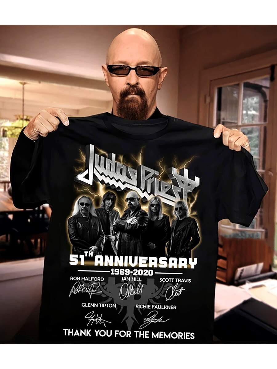 Le groupe Judah Saints51Anniversaire T Chemise(1970-2024)| Objets de collection de heavy metal,Contient des photos et le logo du groupe,Marchandises musicales vintage unisexes,Un hommage à la légende du groupe,Accompagnement5Photos de la tournée de Zhang,Vêtements décontractés lavables en machine. - Noir - Voir 1