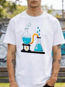 Camiseta para hombre con estampado de dibujos animados de equipo de laboratorio y patrón de letras, camiseta de diseño novedoso para hombre, de manga corta y a la moda, cómoda y versátil par - Blanco - Ver 1
