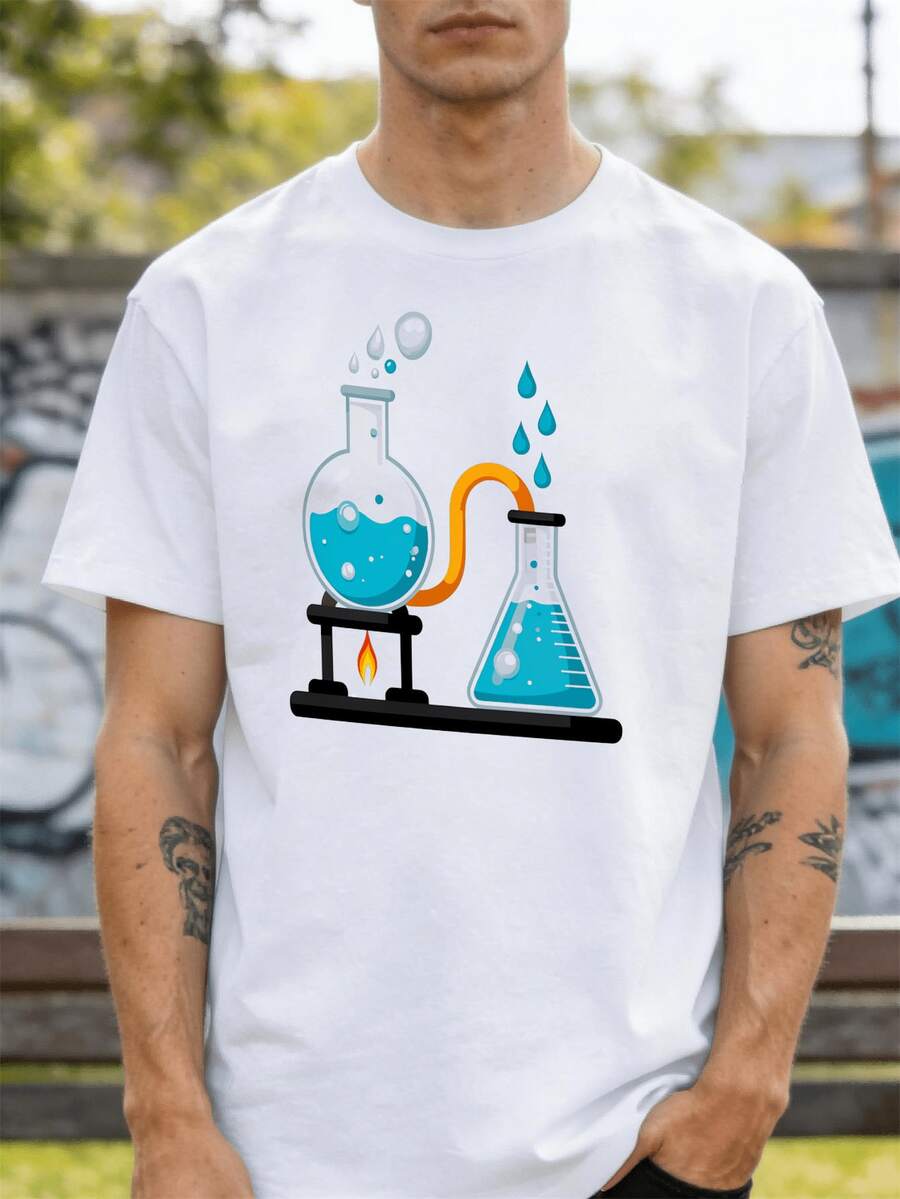 Camiseta para hombre con estampado de dibujos animados de equipo de laboratorio y patrón de letras, camiseta de diseño novedoso para hombre, de manga corta y a la moda, cómoda y versátil par - Blanco - Ver 1