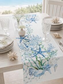 1 Stück Meeres-Thema Aquarell Tischläufer, Meereslebewesen Seestern Muschel Tischdecke Abdeckung, Nautisches Blau Esstischdecke, geeignet für Esszimmer, Küche, Couchtisch, Heimdekoration - Verschiedenfarbig - Übersicht 2