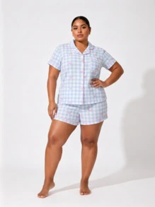 Plus Size Women's Blue & White Plaid Bow Print Short Sleeve Collared Top With Pocket And Bow Shorts Pajamas Loungewear Set - Blue and White - View 8