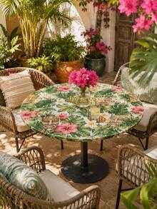 1 Stück wasserdichte elastische runde Tischdecke mit hawaiianischem Tiki-Masken- & Palmenmuster - tropische Luau-Tischdecke für Terrasse, Heimdekoration, Raumdekoration, Garten, Hochzeit, Poolparty & Sommergrillen - A - Übersicht 15