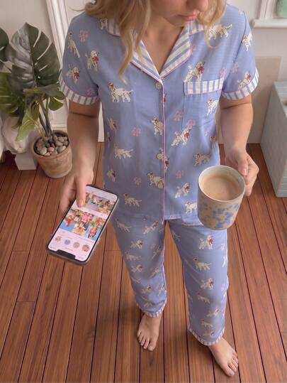 Women's Bowknot Puppy Print Single-Breasted Top And Long Pants Casual Daily Home Sleepwear Set