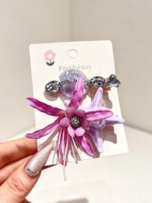2入仙女海星與花朵鴨嘴髮夾，海邊日常與度假髮飾 - 彩色 - 查看 5