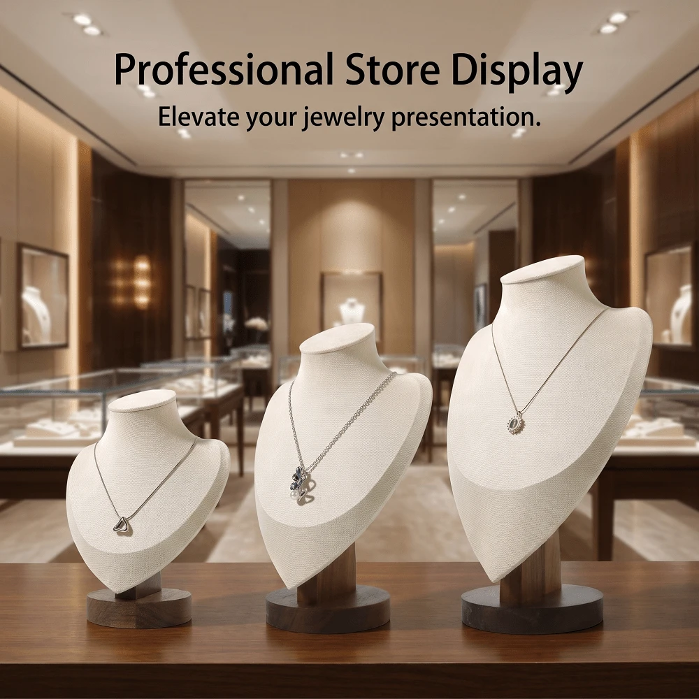1pc Solid Wood Base, Premium Linen Fabric, Portrait Neck Model Jewelry Necklace Storage Display Prop, Suitable For Jewelry Store Display, Home Daily Storage, Live Streaming Photography Display Rack - Beige - View 1