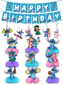 莉羅與史迪奇主題生日派對裝飾套裝，生日快樂橫幅 + 蜂巢中心裝飾與懸掛旋轉裝飾，適用於藍粉色熱帶主題生日派對用品 - 卡通裝飾擺飾 - 查看 10