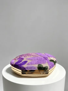 1件優雅花卉刺繡手拿包，女士優雅葉形金屬亮片晚宴包，適合派對與婚禮（隨機剪裁） - 紫色 - 查看 5