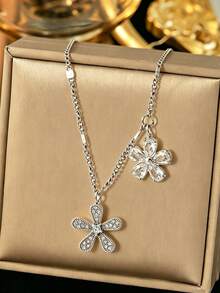 VceTd 1pc Minimalist Romantic Style Stainless Steel Pendant Necklace For Women With Glass Inlay Flower Design, Suitable For Daily Wear, Dating, Afternoon Tea, Or As A Holiday Gift For Women Or Loved Ones - RT101XL - View 8