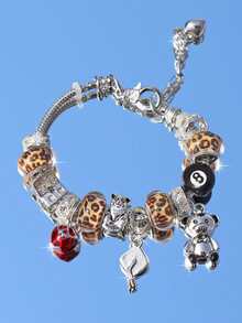 1pc Back To School Leopard Print Bear Charm Bracelet, Street Fashion Star Bracelet, Graduation Doctoral Cap Bracelet, Renaissance Style Bear Bracelet, Dark Skeleton Charm Bracelet - Silver - View 14