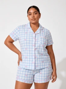 Plus Size Women's Blue & White Plaid Bow Print Short Sleeve Collared Top With Pocket And Bow Shorts Pajamas Loungewear Set - Blue and White - View 4