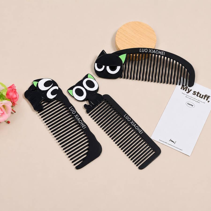 MINISO Luo Xiaohei 髮梳 可愛黑貓設計 細齒梳 女用 開學必備 日常浴室用品 便攜口袋尺寸 閨蜜 BFF 送禮 - 黑色 - 查看 1