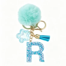 Llavero de letra A-Z con pompones rosa pastel, colgante de bolso y anillo de llaves elegante, accesorio festivo para bolso, regalo imprescindible para el Día de San Valentín/Cumpleaños/Año Nuevo - Turquesa - Ver 31