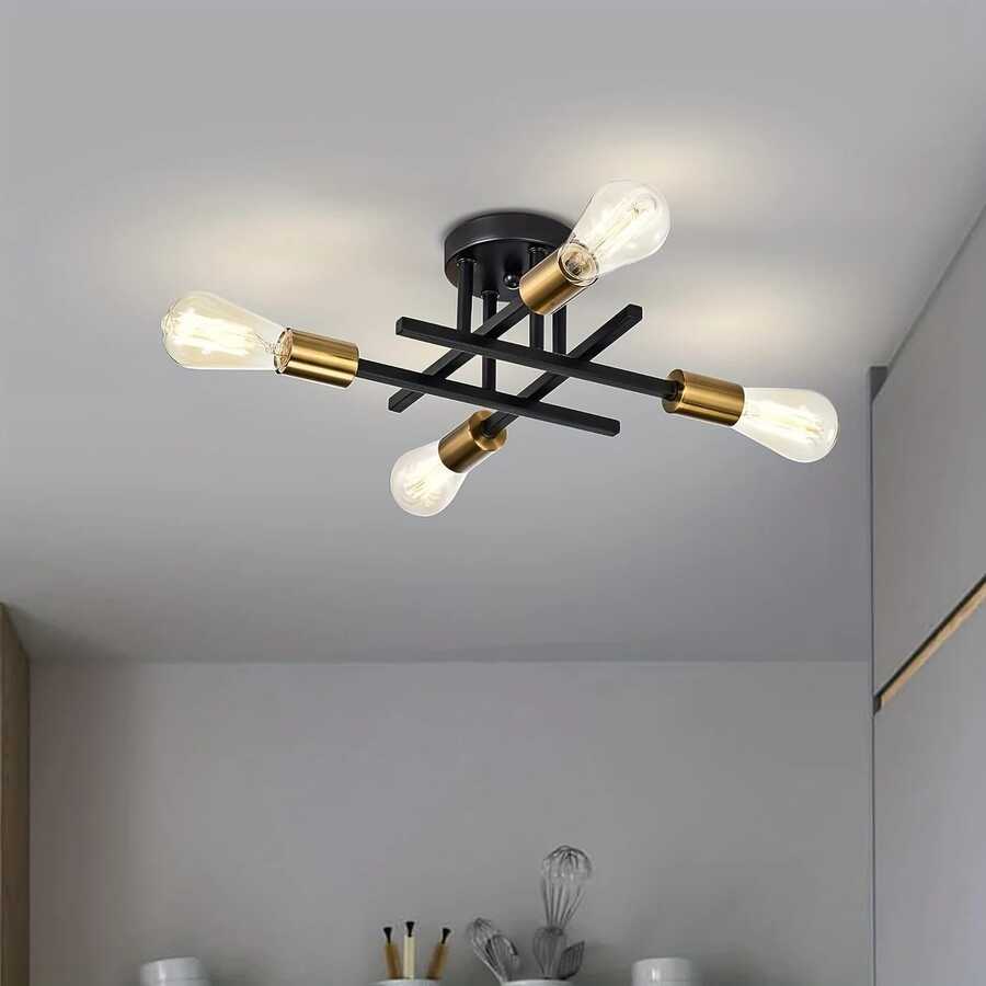 4-Head Iron Branch Ceiling Light, Minimalist Modern Design For Bedroom, Hallway, Corridor, Dining Room, Living Room