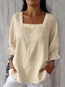 Women's Plus Size Short Sleeve Solid Color Square Neck Dropped Shoulder Lotus Ruffle Cuff Summer Blouse - Apricot - View 1