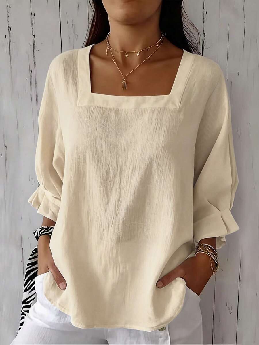 Women's Plus Size Short Sleeve Solid Color Square Neck Dropped Shoulder Lotus Ruffle Cuff Summer Blouse - Apricot - View 1