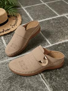 Ladies New Hook-And-Loop Metal Button Flower Pattern Hollow Design Fashionable And Casual Daily Comfortable Light Breathable Vacation Travel Wedge Hee - Grey - View 5
