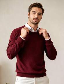Men's Crew Neck Sweater Soft Casual Sweaters For Men Classic Pullover Sweaters With Ribbing Edge - Màu Đỏ Sâu - Xem 2