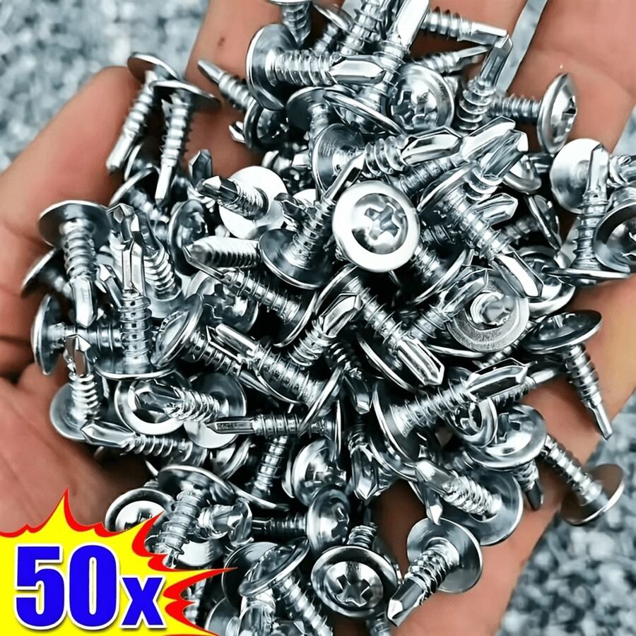 50入 M4.2 鍍鋅碳鋼大扁頭自攻螺絲，13/16/19/25/32/38/50mm 全螺紋鑽尾螺絲，適用於 DIY、金屬板、木材、乾壁、家具與電器維修、居家修繕節日禮物