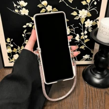 Ins Fashion Pink Bamboo Basket Woven Texture Phone Case With Rhinestone Chain Crossbody Strap Compatible With Samsung Galaxy ZFlip7 Z Flip6 ZFlip 5 Zflip6 Zflip5 Shockproof Back Cover - Pink - View 9