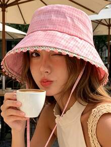 1個女款甜美可愛水桶帽，新款寬簷防曬蕾絲飾邊 2026 春夏戶外藍色遮陽帽 - A - 查看 5