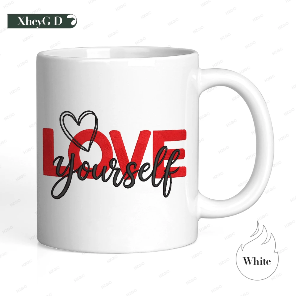 Ceramic Coffee Mug With Heart Design "Love Yourself" Minimalist Aesthetic Ideal For Home And Office An Affordable Birthday Gift And Dishwasher . - 白色 - 查看 1