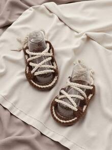Handmade Infant Sandals, Natural Beige, Lace-Up Style - Coffee Brown - View 5
