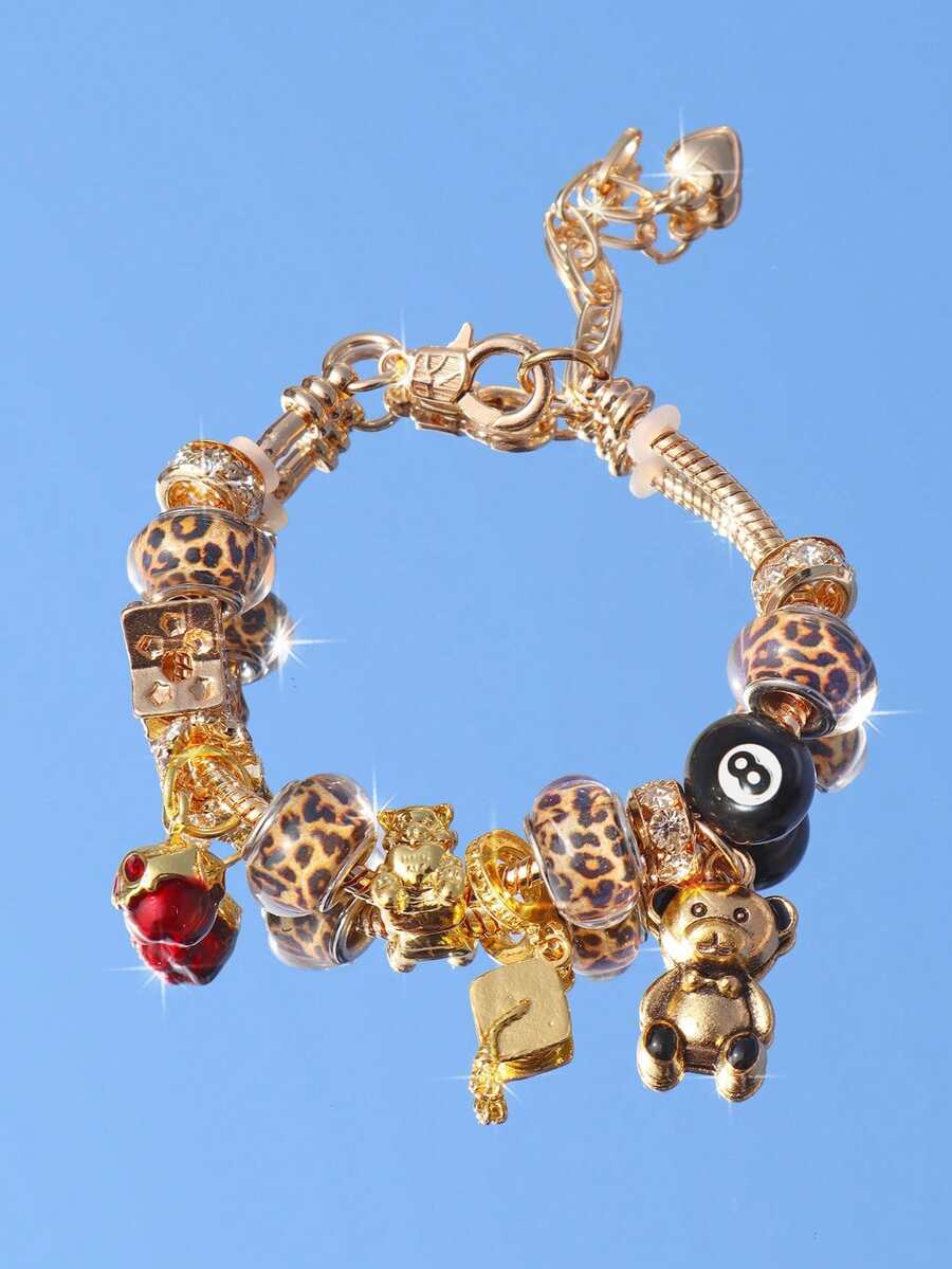 1pc Back To School Leopard Print Bear Charm Bracelet, Street Fashion Star Bracelet, Graduation Doctoral Cap Bracelet, Renaissance Style Bear Bracelet, Dark Skeleton Charm Bracelet