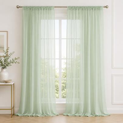 2pcs Light Green Diamond Chiffon Curtains, Grommet Top Sheer Panels, Soft Light Transparent Drapery, Suitable For Bedroom Living Room Home Decor