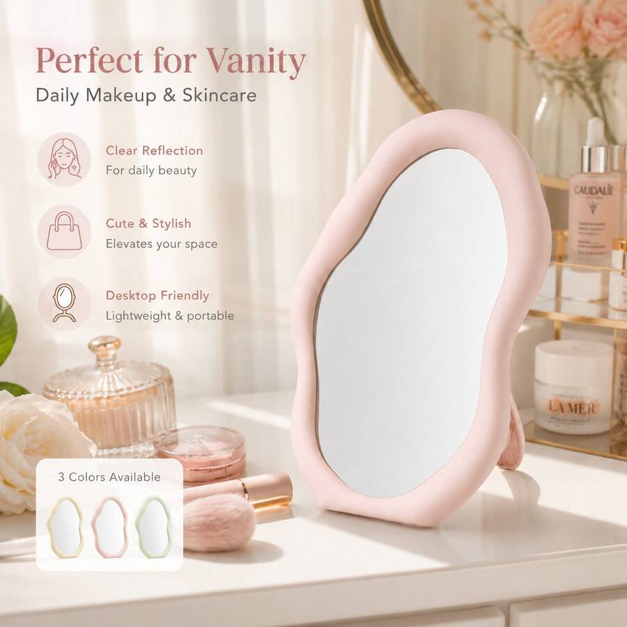 Cloud-Shaped Makeup Mirror | Desktop Storage Mirror | Adjustable Angle | Pink/White/Yellow - Multicolor - View 1