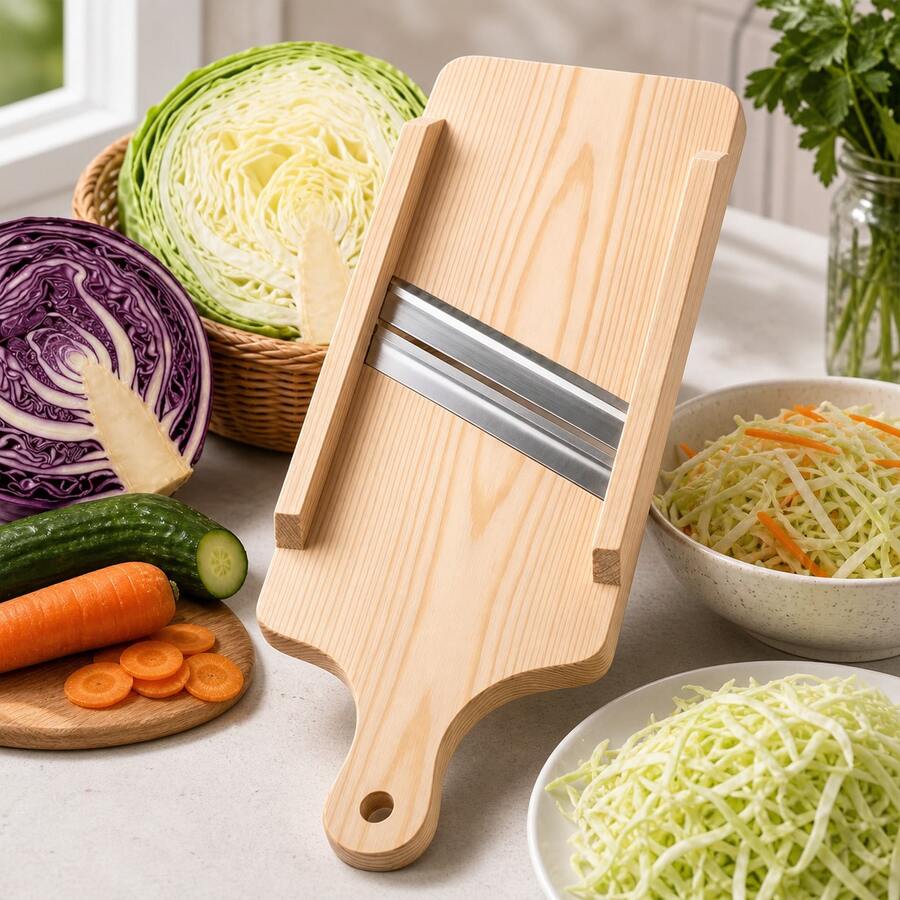Affettaverdure in legno per cavolo con 2 o 3 lame in acciaio inox, mandolina con manico stabile per tagli uniformi, insalate fresche, contorni e preparazione quotidiana dal look naturale - Marrone a tre lame - Visualizzare 1