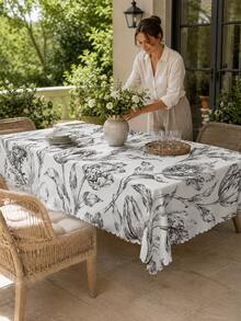 Taplak Meja Tulip, Taplak Meja Bundar Poliester Motif Bunga Hitam Putih Elegan dengan Tepi Bergelombang, Linen Botanikal Vintage untuk Dapur, Ruang Makan, Rumah Pertanian, Teras, Pernikahan, dan Dekorasi Rumah - MultiWarna - View 19
