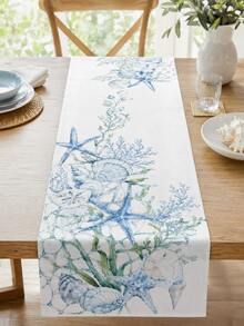 1 Stück Meeres-Thema Aquarell Tischläufer, Meereslebewesen Seestern Muschel Tischdecke Abdeckung, Nautisches Blau Esstischdecke, geeignet für Esszimmer, Küche, Couchtisch, Heimdekoration - Verschiedenfarbig - Übersicht 7