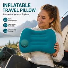 1pc Inflatable Pillow, Foldable And Portable, Press To Inflate, Soft Fleece Pillow, Suitable For Travel, Airplane, Car, Home, Office Nap, Camping And More. Lightweight And Foldable, Travel Essential. - Blue - View 7