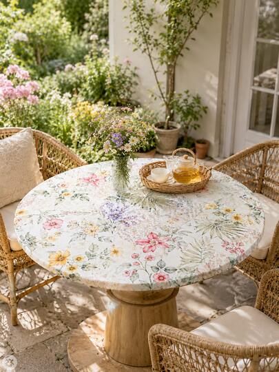 1pc Soft Macaron Color Watercolor Floral Print Elastic Round Tablecloth - Suitable For Dining, Home Decor, Room Decor, Garden, Wedding, Bridal Shower And Garden Tea Party Floral Tablecloth