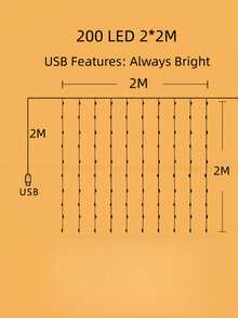 1pc 2x2m 200 LED Window Curtain String Lights, USB Powered Home Decor Lighting, Suitable For Room, Party, Birthday, Wedding, Garden Decoration - Yellow - View 11