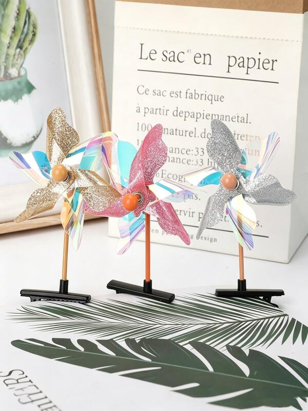 10pcs Assorted Colorful Creative Laser Six-Blade Windmill Hair Clips Hair Accessories, Wearable Head Decor For Outdoor, Festival, Celebration, Opening Ceremony Decoration, Photo Booth Props,Hair Claws