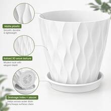 5er Set 15 cm Weiße Kunststoff Blumentöpfe mit Untersetzern und Abflusslöchern, 3D Wellenstruktur Übertöpfe für Sukkulenten, Kräuter, Efeutute, Fensterbank, Balkon, Büro und klare Home Garden Deko - 5 Stück, 10 cm Durchmesser - Übersicht 4